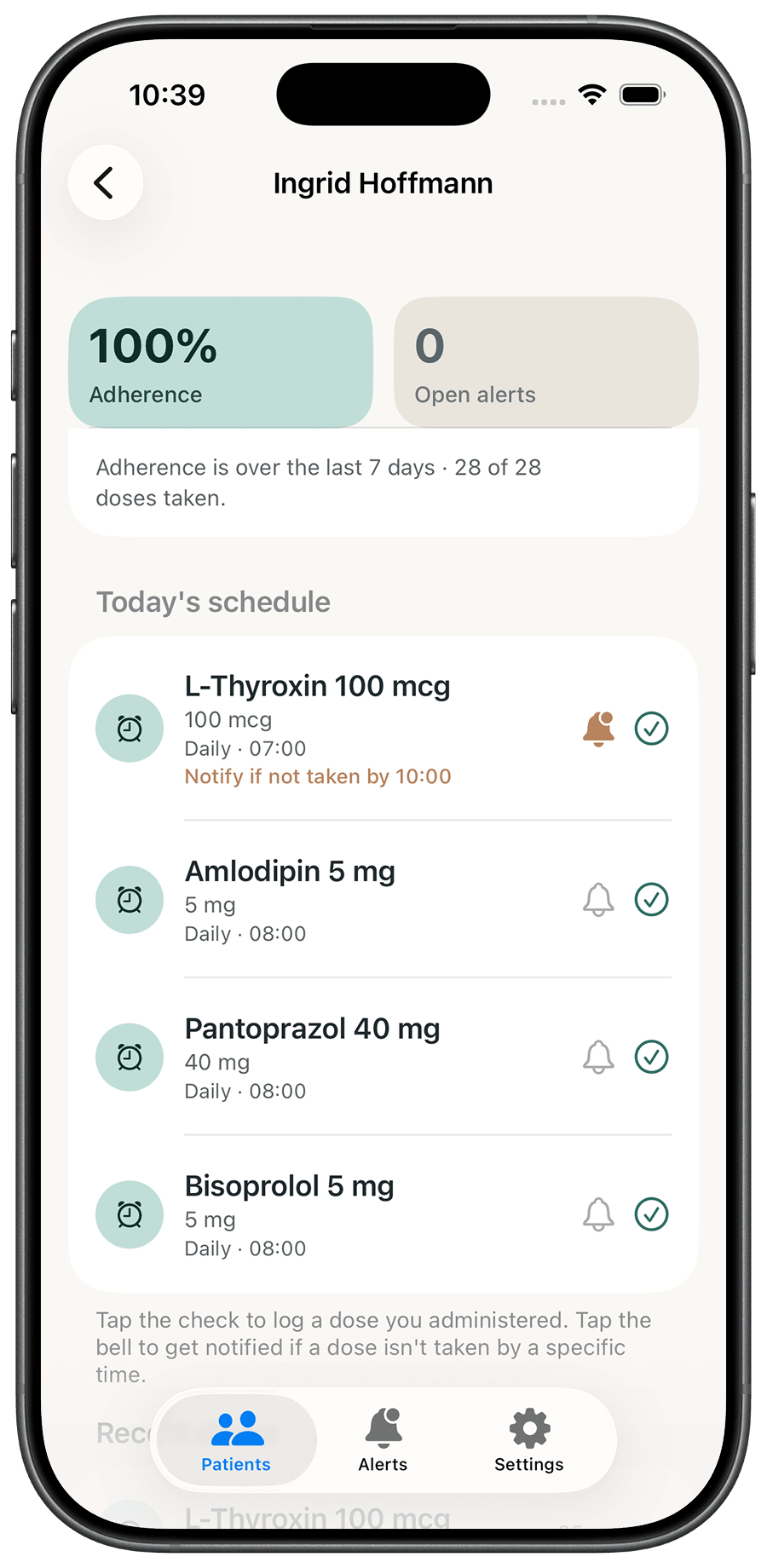 iPhone showing one patient’s day: 100% adherence, no open alerts, and today’s schedule with a bell set to notify if L-Thyroxin isn’t taken by 10:00