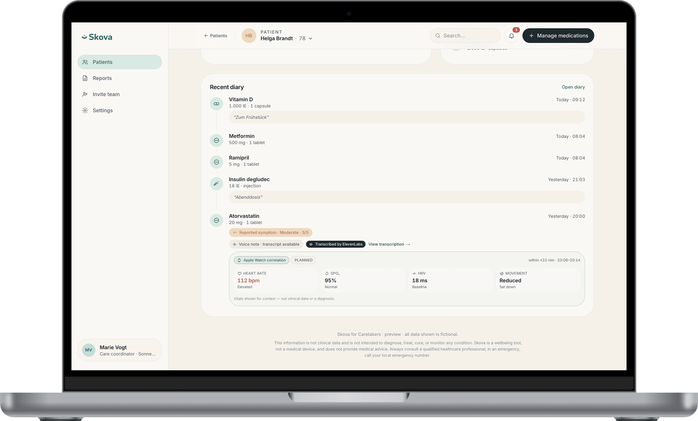 Caregiver dashboard showing Helga Brandt’s recent diary: each medication with strength and a timestamp, and a reported symptom with a voice-note transcript
