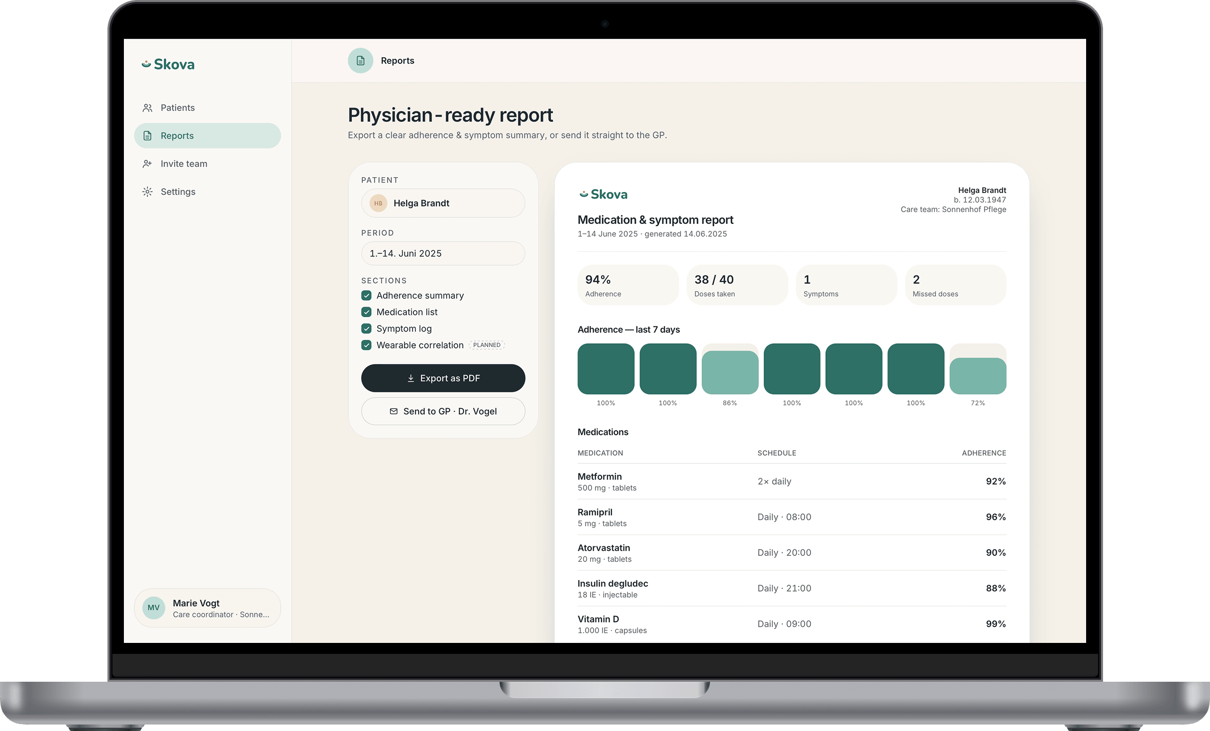 Reports screen on a MacBook: a medication and symptom summary for 1–14 June with 94% adherence, 38 of 40 doses taken, 1 symptom and 2 missed doses, a seven-day adherence chart and a per-medication table, with an Export as PDF button