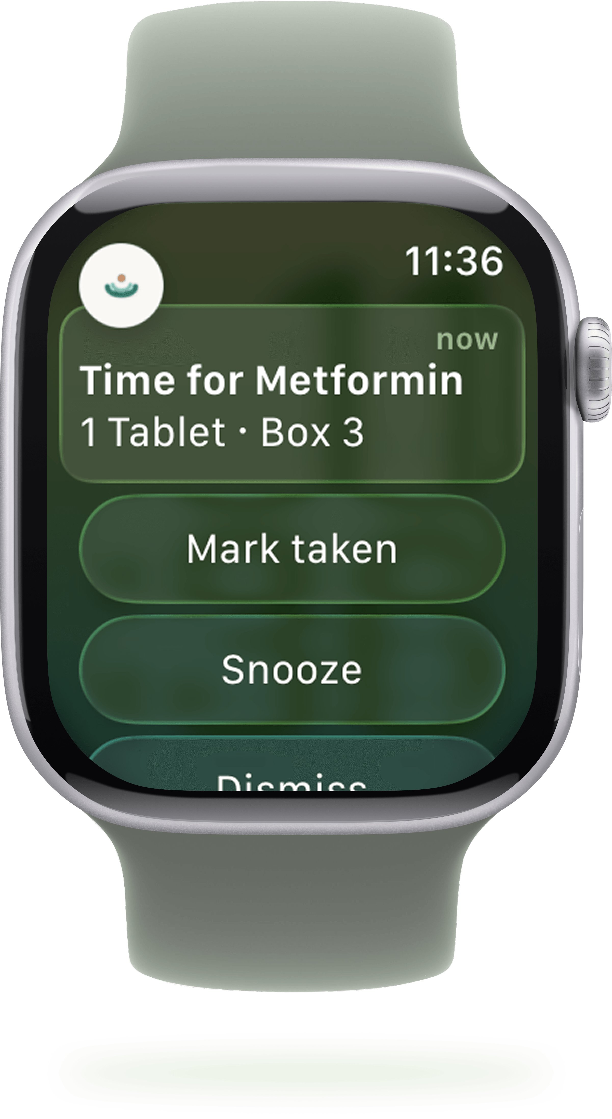 Apple Watch showing a Skova reminder — “Zeit für Sitagliptin, 1 Blaue Tablette, Box Nummer 3” — with Genommen and Schlummern buttons